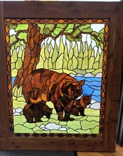 meyda tiffany stained glass window in wood frame bear with cubs springfield MO picture