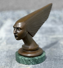 Spirit Art Deco Bronze Head Sculpture Car Mascot Sign Marble Base Wind Statue picture