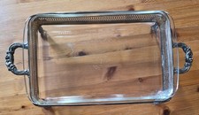 PYREX Casserole Dish 2 Qt  Vintage Silver Plated Rectangular Stand  11 3/4 x 7 picture