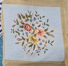 Vintage Hand Stitched Needlepoint Panel Roses Flowers Blue 15x16
