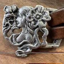 Vintage COYNE Leather Belt 51” Poss Elaine Coyne Art Nouveau Woman Floral Buckle picture