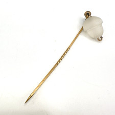 Antique Edwardian Stick Pin Frosted Satin Glass Acorn Dangle Gilt Metal picture