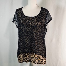 Chicos Black Floral Lace Leopard Print Layered Top Short Sleeve Size 2 L Large picture