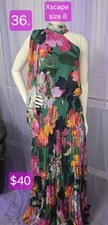 Xscape Women’s Size 8 Green Floral Halter Sleeveless Long Pleated Maxi Dress picture