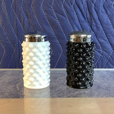 Fenton Black Glass & White Milk Glass Hobnail Salt & Pepper Shaker Set EUC picture