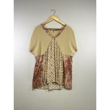 Gimmicks Women's Size L Beige Mixed Print V Neck Dolman Sleeve Top Boho picture
