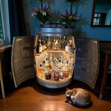 Whiskey Barrel Mini Bar Cabinet with LED Light Handcrafted Scotch Cask Drinks Ca picture