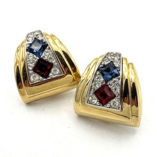 GIVENCHY Paris vintage earrings - gold-tone clip-ons red blue crystal rhinestone picture