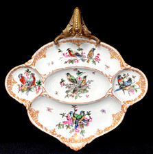 Vtg Wong Lee Early 20th Decorative Porcelain Dish Bronze Handle Birds Floral picture