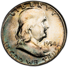 1954-P PCGS MS64 Franklin Half Dollar | Double-Sided Colorful Crescent Toning picture