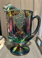 Vintage Iridescent Blue Harvest Grape Indiana Carnival Glass Pitcher  picture