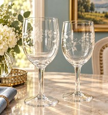 12 stem Princess House Heritage Floral Etch Water/Wine Stems 6 7/8