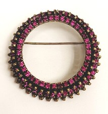 Vintage Brass Fuschia Pink Rhinestone Circle Warner Brooch picture