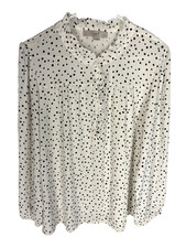 ANN TAYLOR LOFT Top P Large White Black Polka Dot Ruffle Blouse Long Sleeve NEW picture