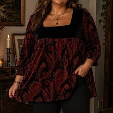Notations Woman Paisley Velvet Tunic Square Neck Renaissance Whimsigoth Boho 2X picture