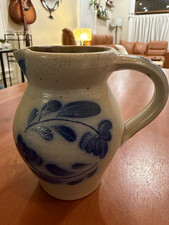 Vtg 1989 Rockdale Union Stoneware Pitcher Cobalt Blue Floral Salt Glaze Art 5” picture