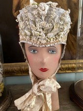 Gorgeous antique French lace Normandy wedding bonnet with many fabric flowers picture