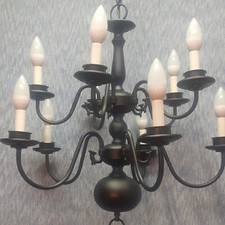 VTG BLACK WILLIAMSBURG STYLE BRASS TEN LED CANDLE LIGHT BULBS 2 TIER CHANDELIER  picture
