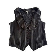 VTG TrashyY2k Goth Fairy Grunge Pinstripe Black Flower Mesh Back Baby Tee Vest M picture