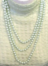Vtg VERY LONG Light GREEN - Faux Pearl  Necklace 90