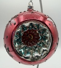 Vintage West Germany 4” Triple Indent Glass Christmas Ornament Floral Black Mica picture