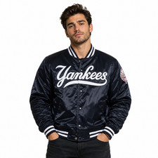 Vintage 90s NY Yankees Blue Satin Bomber Jacket Athletic Varsity Style picture
