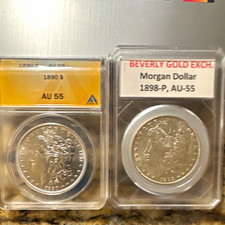 1890-P $1 Morgan Dollar AU55, 1898-P Morgan marked AU-55. Beverly Gold Exch. picture