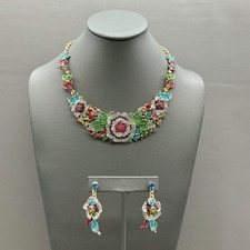 Floral Bib Necklace Earring Set Women Multicolor Rhinestone Enamel Gold Tone picture