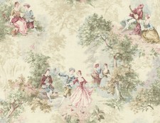 Wallpaper French Toile Faux Tapestry Green Blue Red Pink on Cream, 60 sq ft Bolt picture