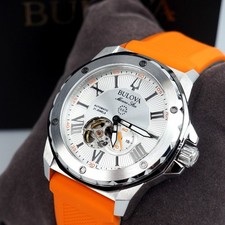 Bulova 98A226 Marine Star Orange Silicone Strap Men's Automatic Watch 44 mm picture