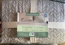 Avocado Herringbone 3 Piece Organic Cotton Queen Coverlet Set Taupe NEW picture