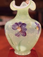 Fenton Glass 2006 Splendor Opaline on Fern Green Overlay Hand Painted Vase 8.5” picture