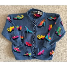 Vintage Christine Foley Shoe Intarsia Knit Cardigan Sweater Sz 5/6 Blue Cotton picture