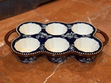 Temptations Blue Floral Lace 6 MUFFIN CUPCAKE BAKING PAN DISH BROWN Handles NEW picture