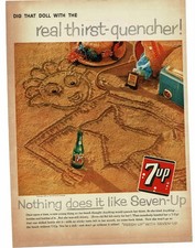 1959 7UP 7 UP Soda sand drawing of woman on beach Vintage Print Ad picture