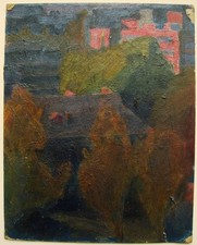 Ukrainian Soviet USSR Oil Painting sityscape Fauvism night city house roofs Kyiv picture