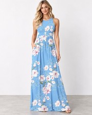 Womens Blue Floral Maxi Dress Size Medium Racerback Resort Chic NWT picture