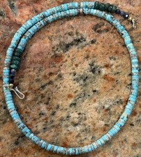 Native American Mexican Turquoise Heishi Necklace Hand cut Emeralds, Sapphires picture