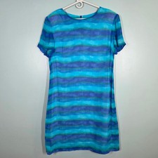 RJ Collection Chelsea Rousso Vintage Blue Green Watercolor Stripe Rayon Dress 14 picture
