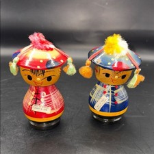 Japanese Kokeshi Bobble Head Wood Dolls 3.5in Tall picture