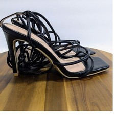 Priyabuy Womens Black Lace Up Strappy Heels Square Toe Stiletto Sandals Size 6 picture