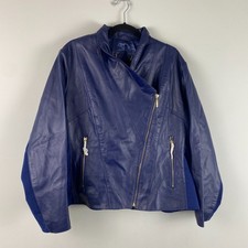 IMAN Global Chic Womens Blue Genuine Leather Moto Jacket Size 2X Gold Hardware picture