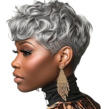 Elegant Short Grey Pixie Cut Wig for Black Women - Stylish Synthetic Hair picture