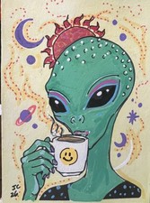 ACEO Original Painting Alien Morning Coffee OOAK Art Card Signed By JL Canaday picture