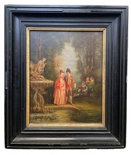 Antique 1872 French Oil Painting Fete Galante Watteau Style Couple Fountain Park picture