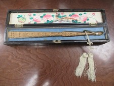 Antique 19th Century Chinese Canton Export Silk Embroidered Fan & Lacquered Box picture