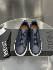 Men's Zegna Triple Stitch Navy Leather Slip On Casual Sneakers picture