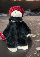 Russ Nuria Plush Teddy Bear Black Coat Red Hat Pearl Necklace Vintage 1997 picture