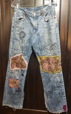 ​OOAK Custom Upcycled Lucky Brand Jeans Mens 32x31.5 Hand Drawn Art Patchwork  picture