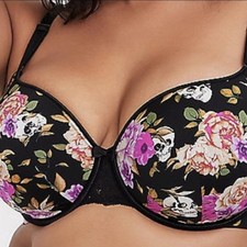 Torrid Curve 40DDD Underwire Lightly Lined Full Coverage Black Floral Skull Bra picture